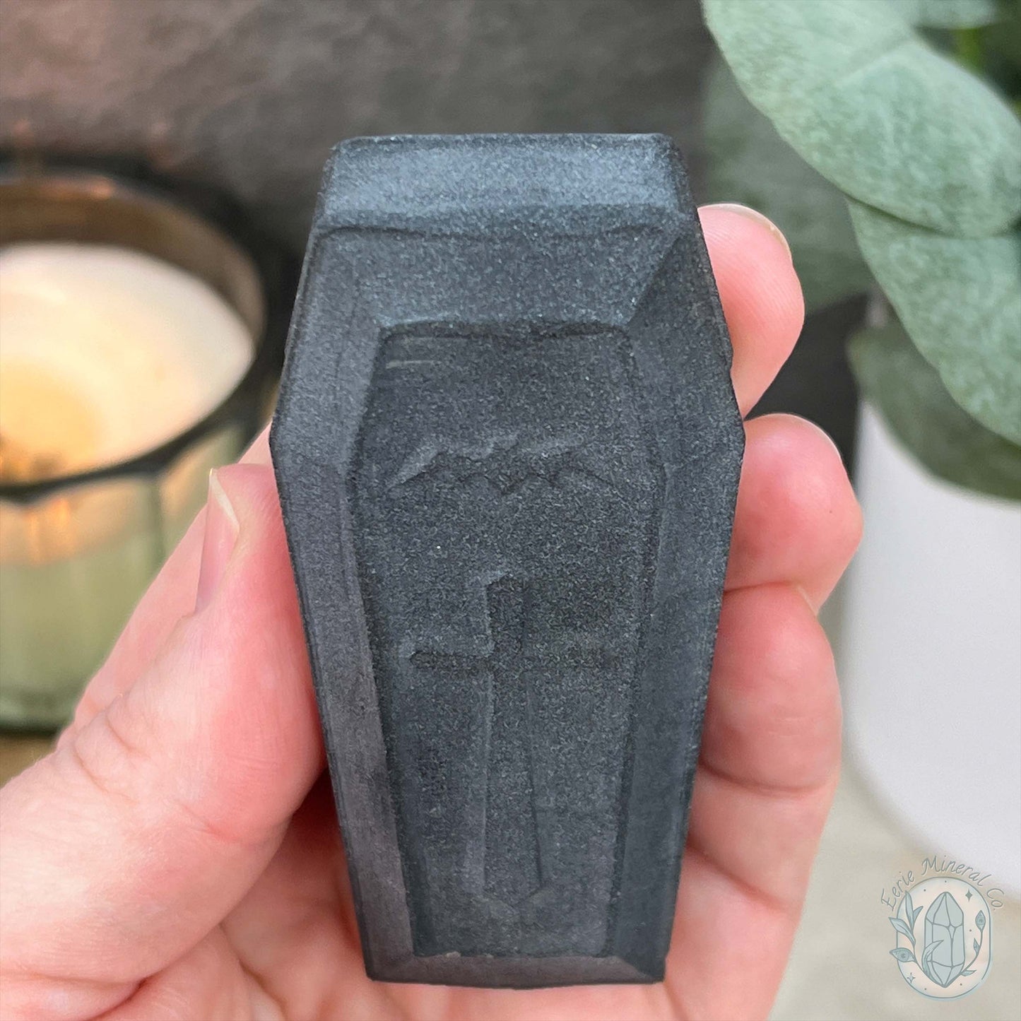 Black Obsidian Matte Finish Halloween Coffin Carvings