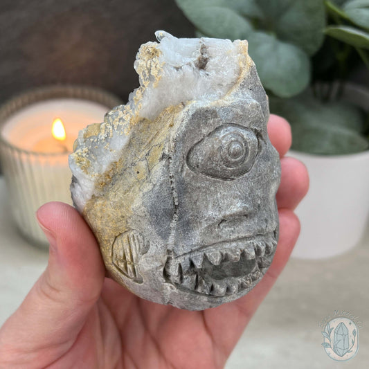 Quartz Cluster Playful Cyclops Monster Skull Carving