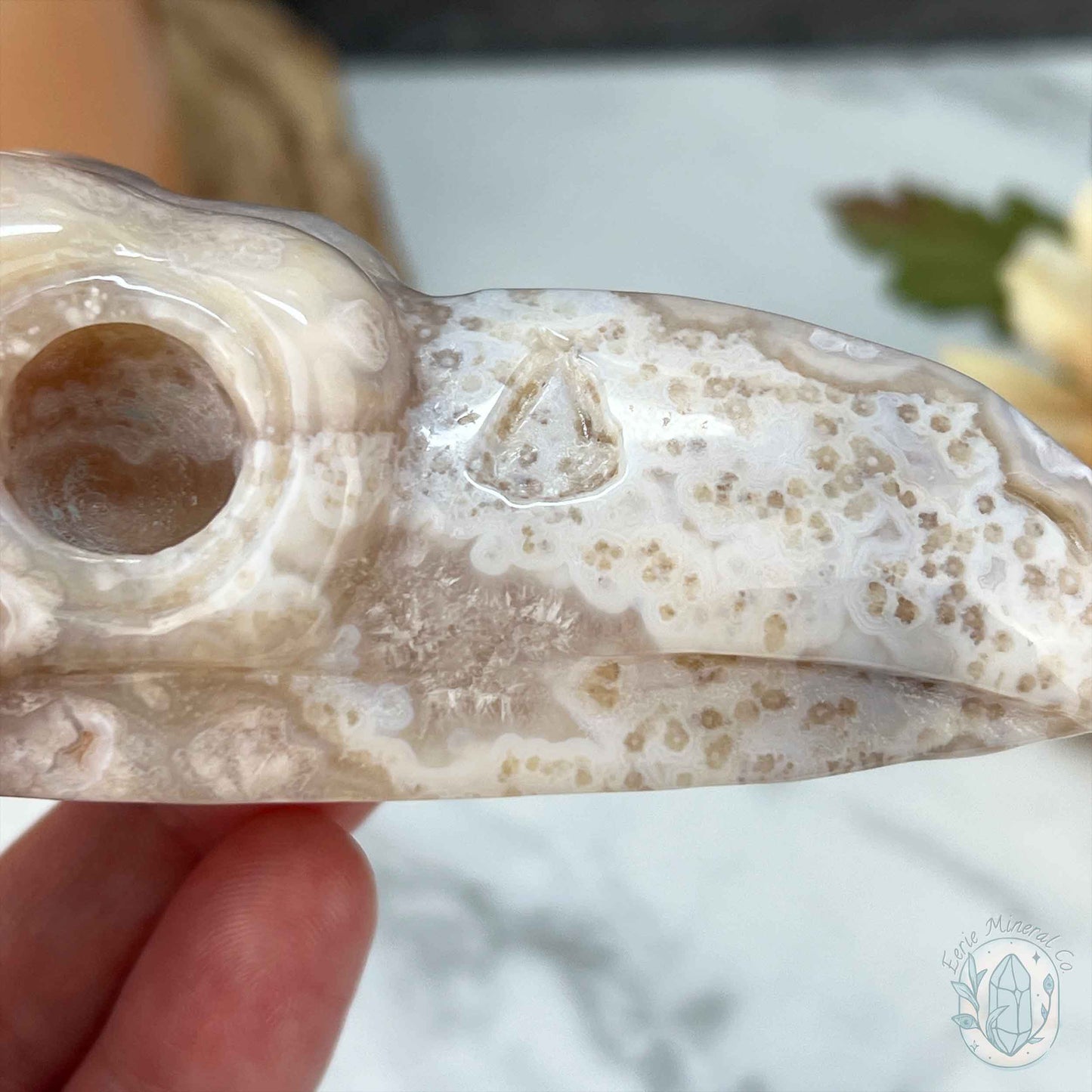 Polished Flower Agate Raven's Skull Carving