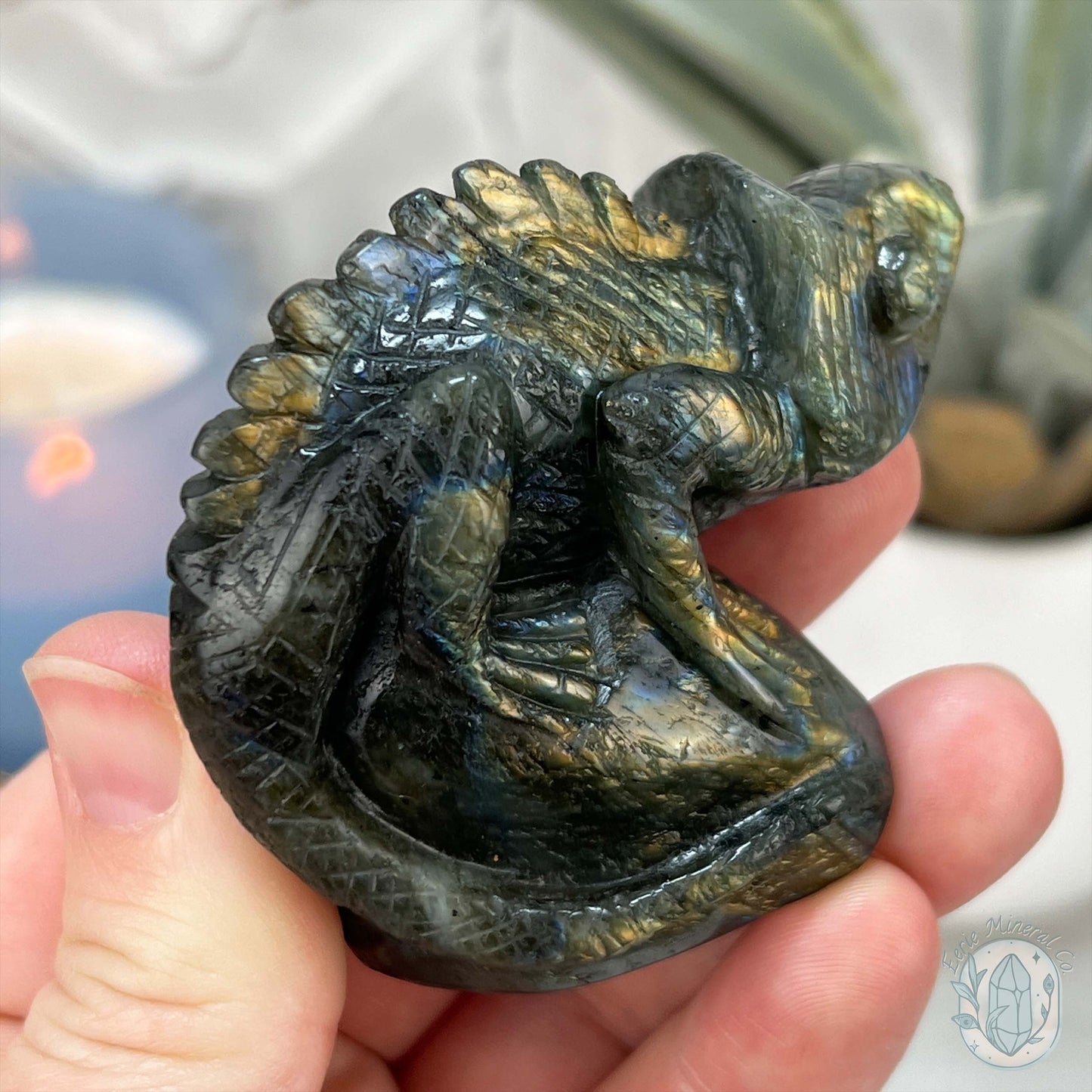 Gold and Blue Flash Labradorite Chameleon Carving