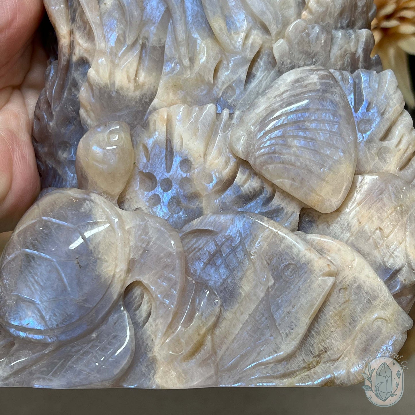 Blue Flash Peach Moonstone Ocean Life Stone Carving