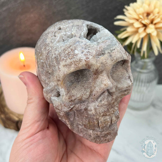 4.15" Pink Sphalerite with Druzy Quartz Skull Carving