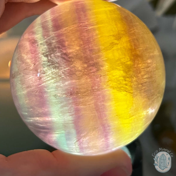 56mm Polished Yellow and Purple Fluorite Sphere with Flash