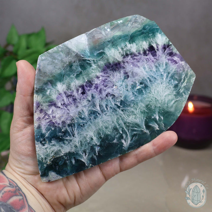 Polished Rainbow Snowflake Feather Slab With Stand