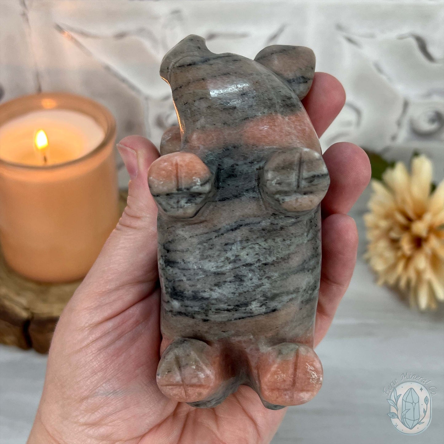 Polished Pair of Sunstone with Hornblende Pig Carvings