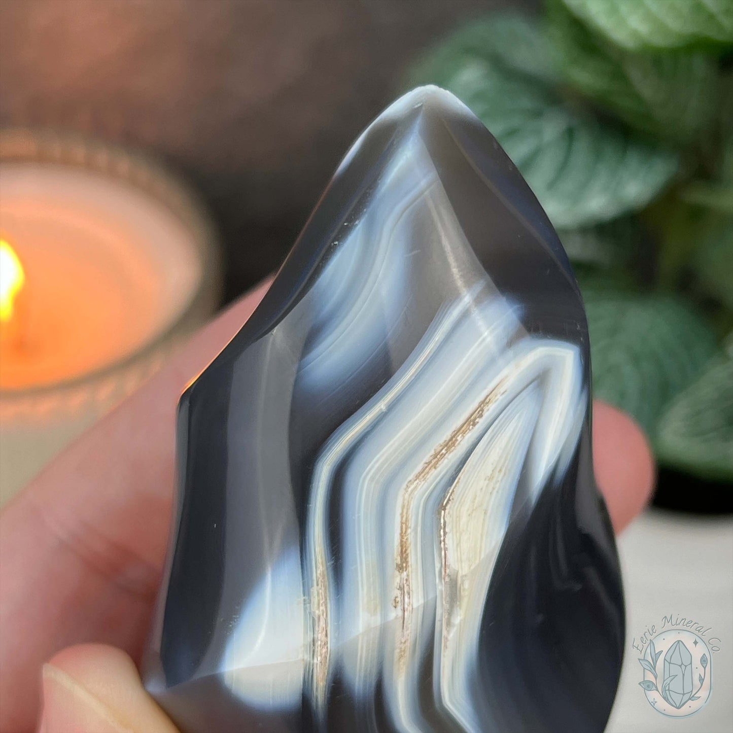 Polished Black and White Orca Agate Flame Carving