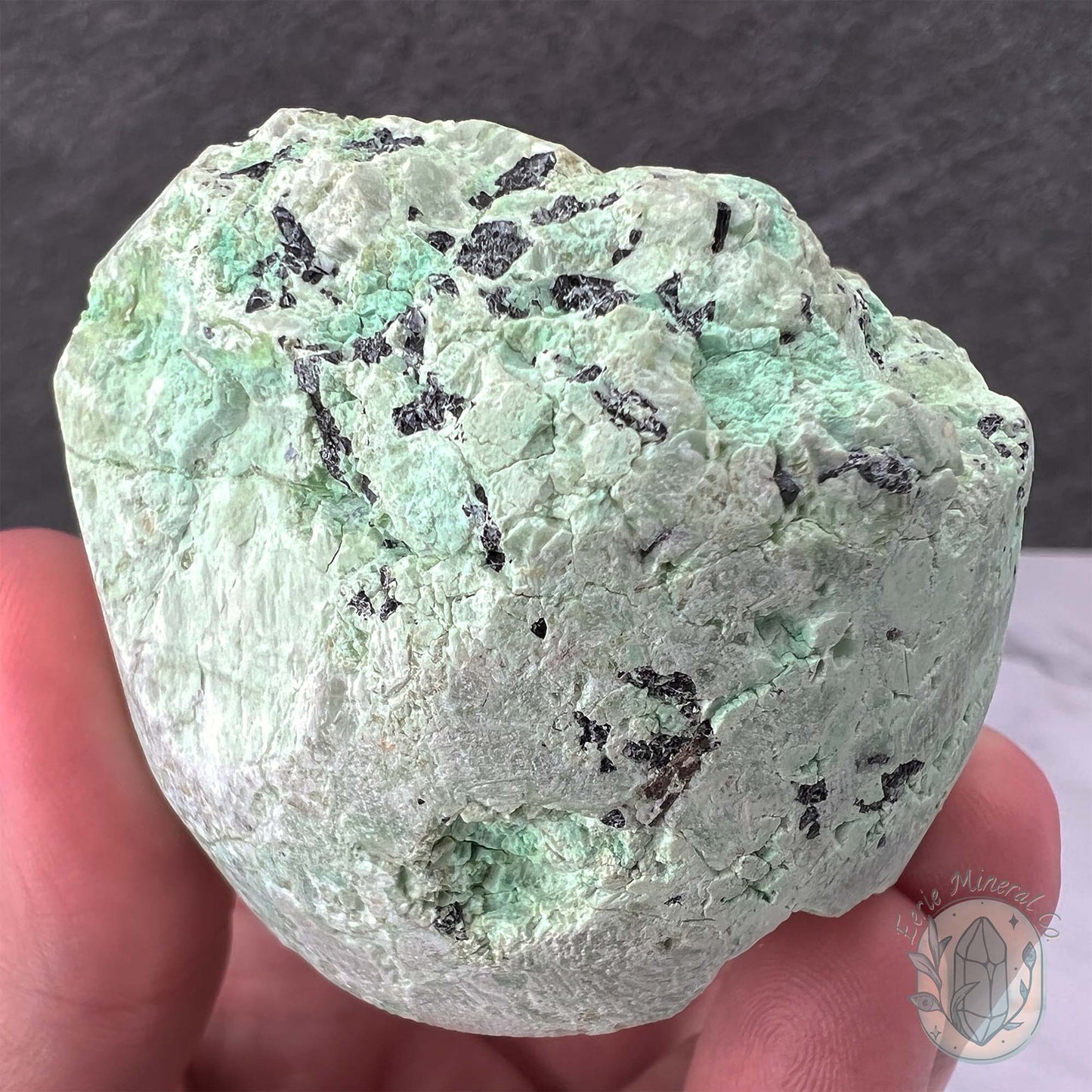 Green Moonstone with Black Tourmaline Hedgehog Specimen