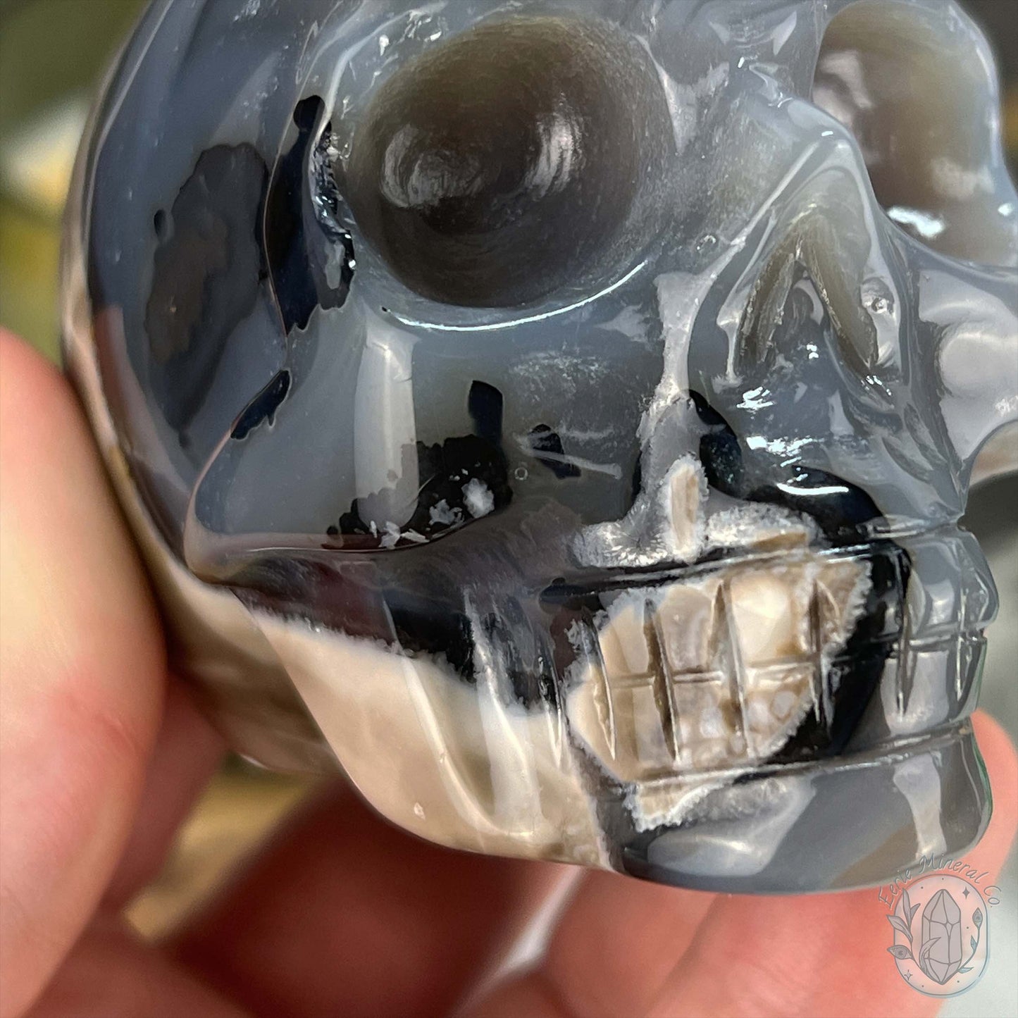 3" Polished Green UV Reactive Agate Skull Carving
