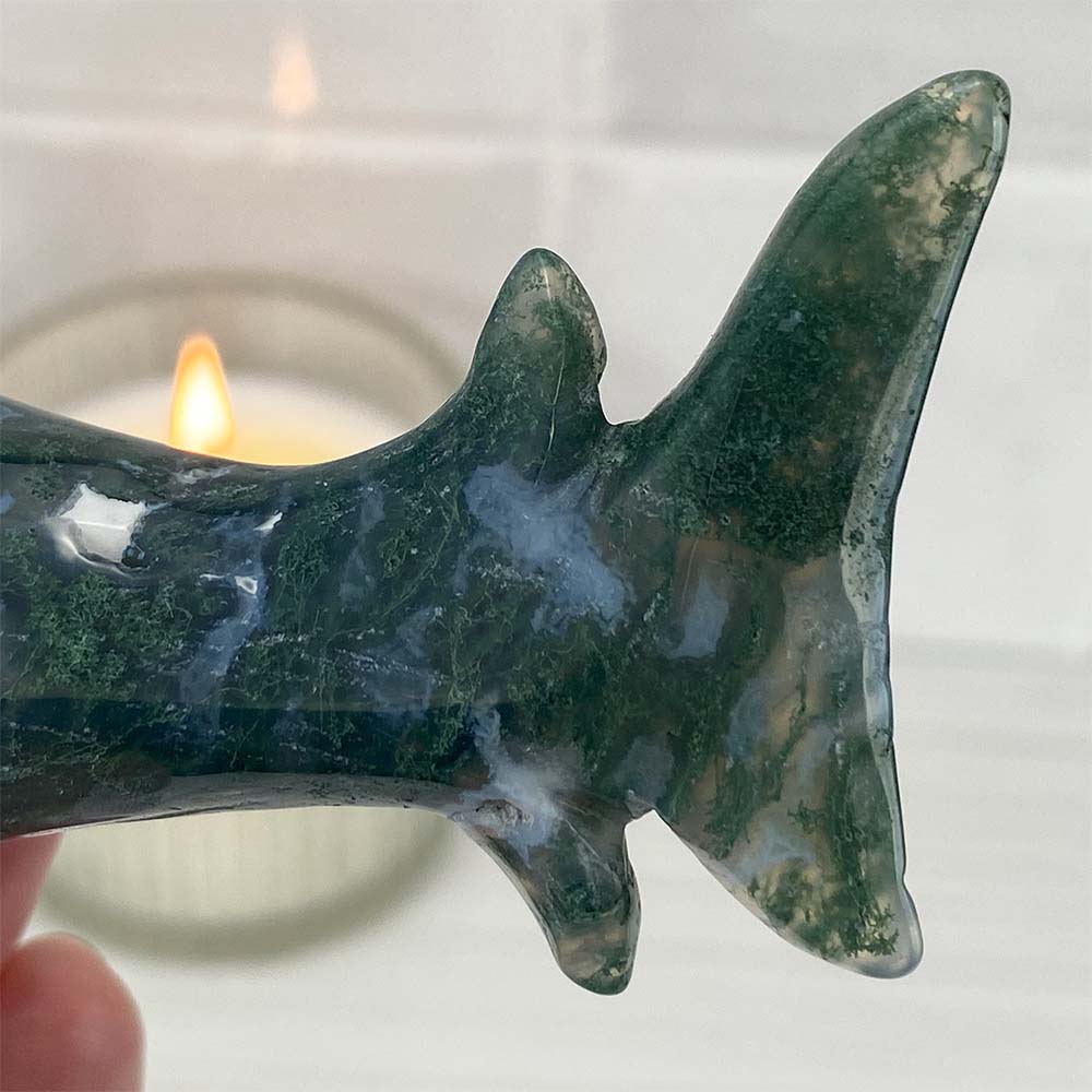 Polished Moss Agate Hammerhead Carving
