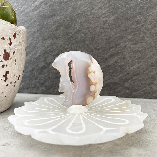 Natural Flower Agate Moon Carving