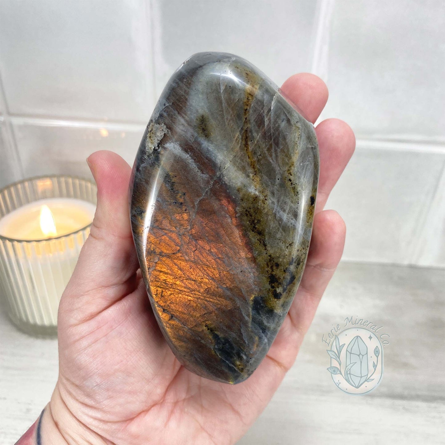 Polished Fiery Orange Flash Labradorite Freeform