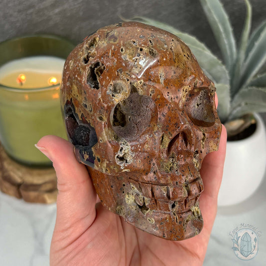 Rare Volcanic Red Fox (Orrelanite) Botryoidal Agate Skull Carving
