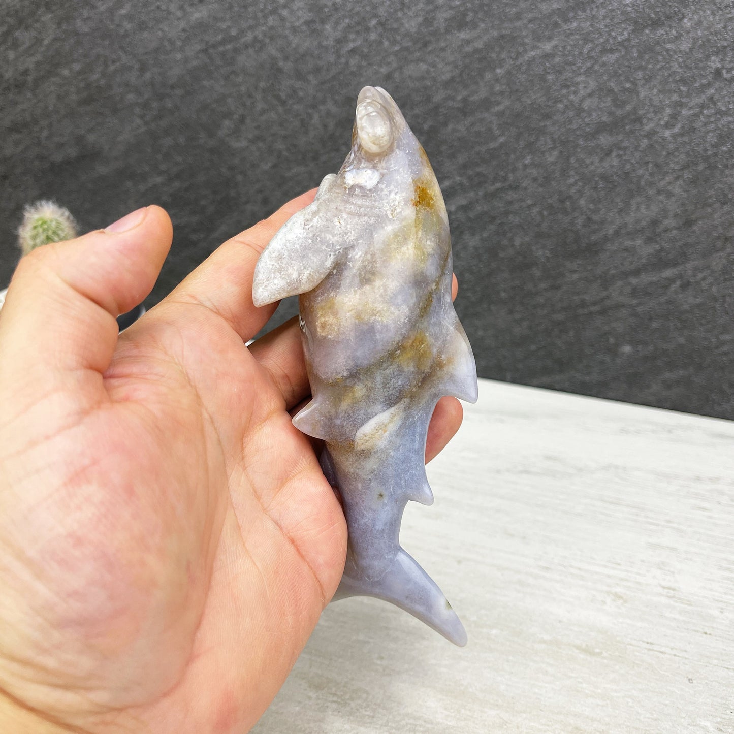 hand carved flower agate hammerhead shark