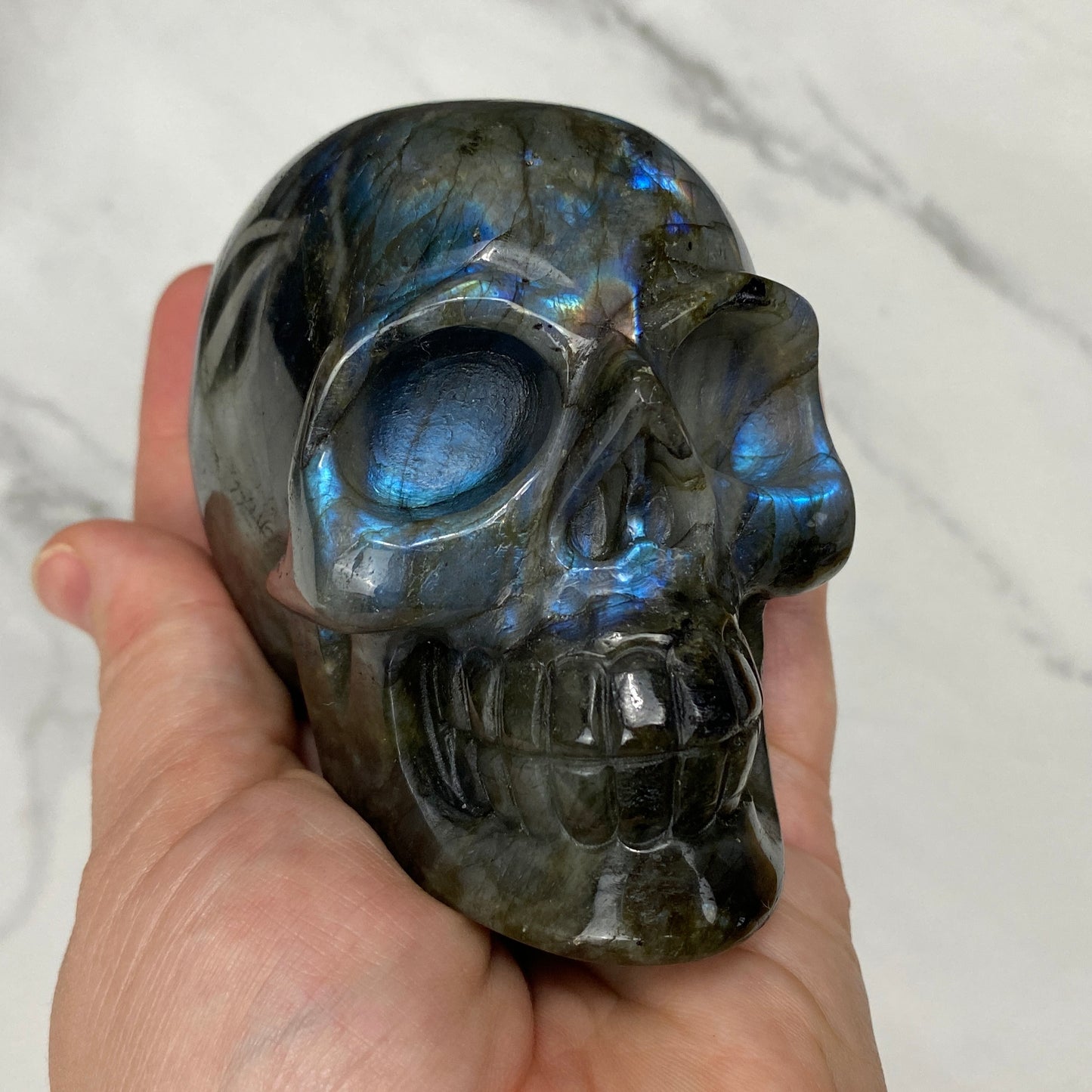 blue flash labradorite crystal skull carving