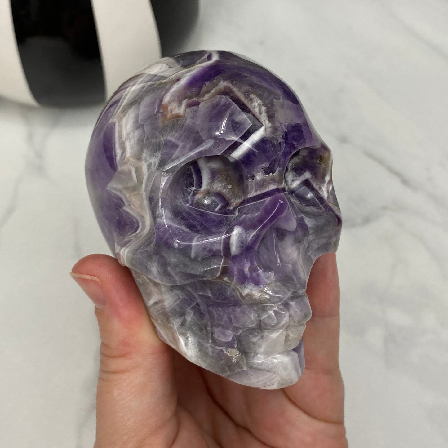 Polished Chevron (Dream) Amethyst Crystal Skull Carving