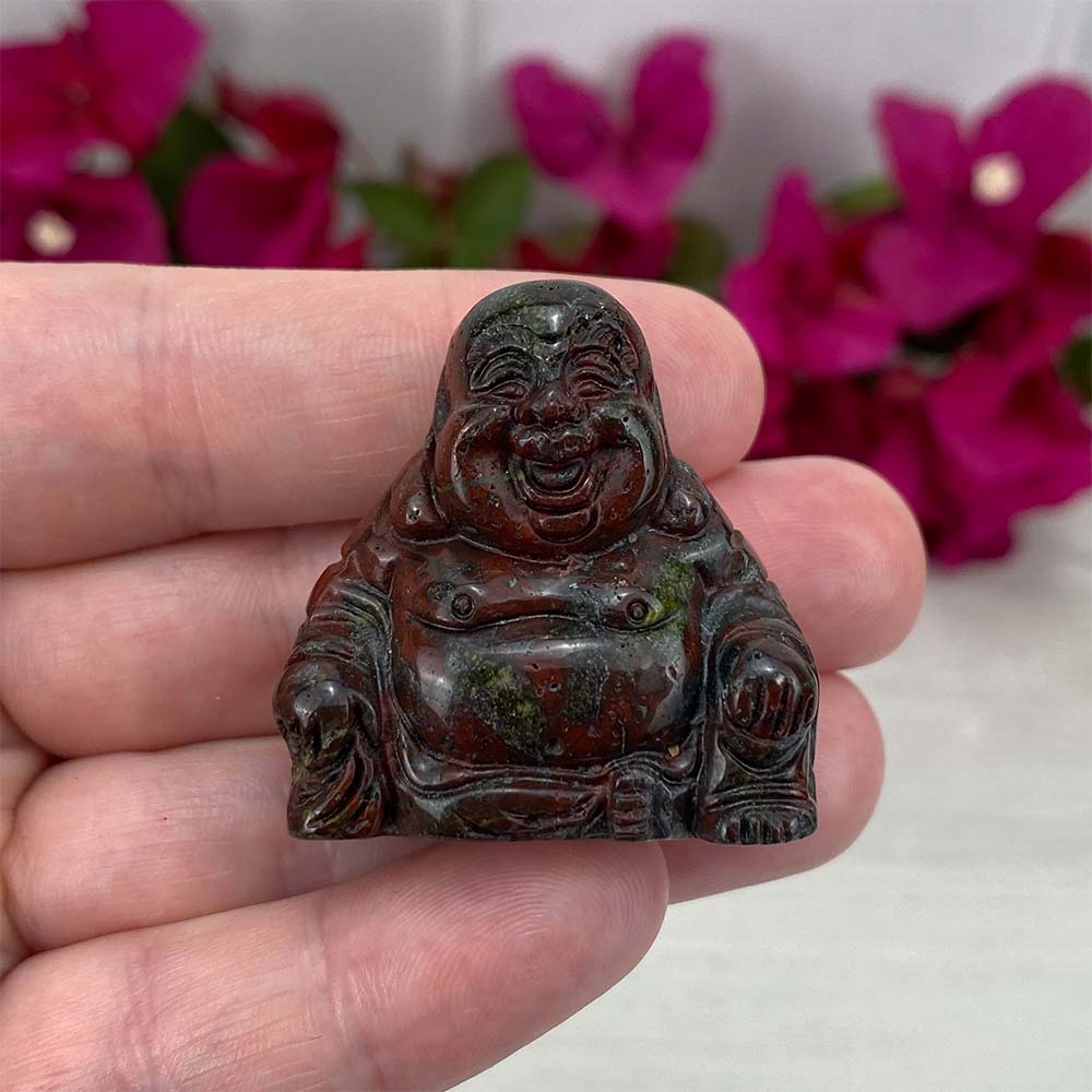 Polished Smiling Buddha Dragon Blood Stone Carving