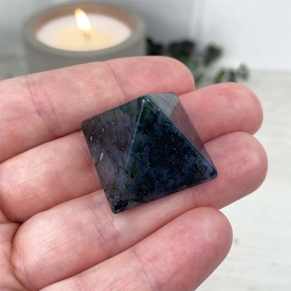 Polished Moss Agate Pyramid Carvings
