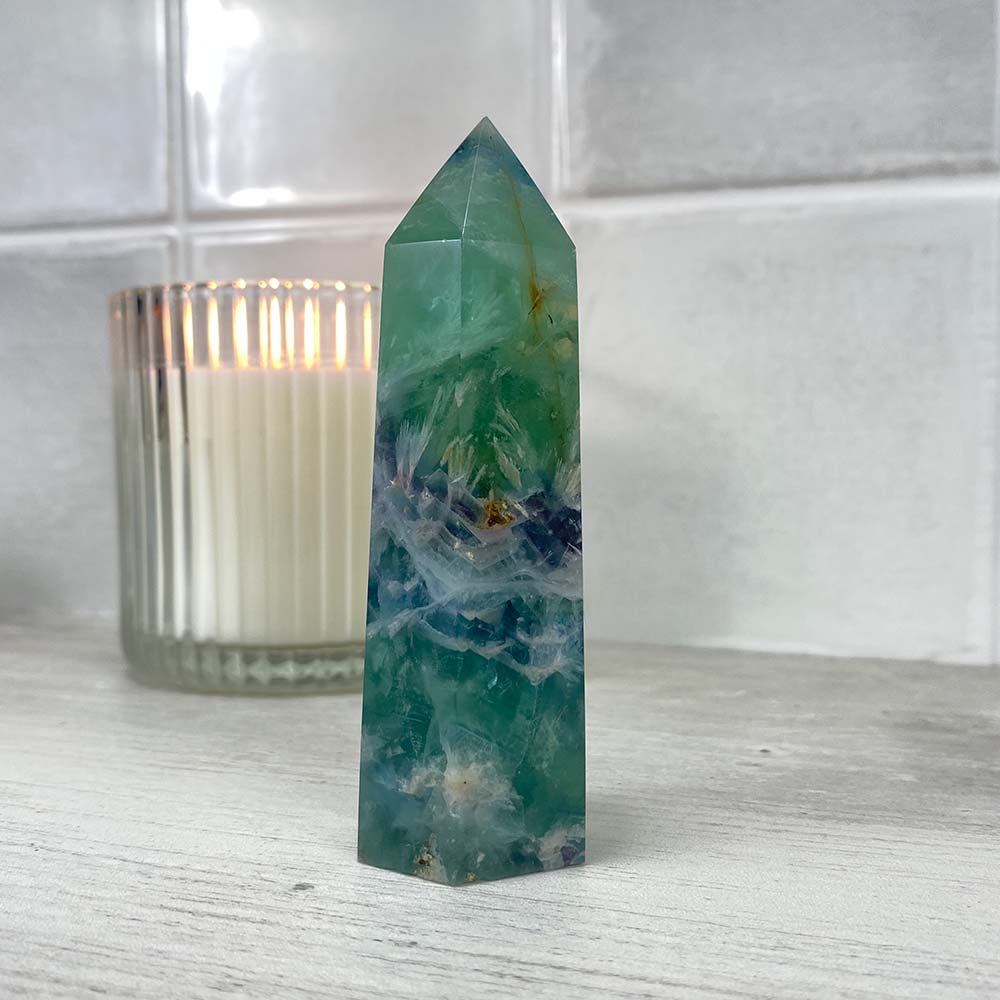 Polished Rainbow Snowflake Fluorite Tower Eerie Mineral Co.