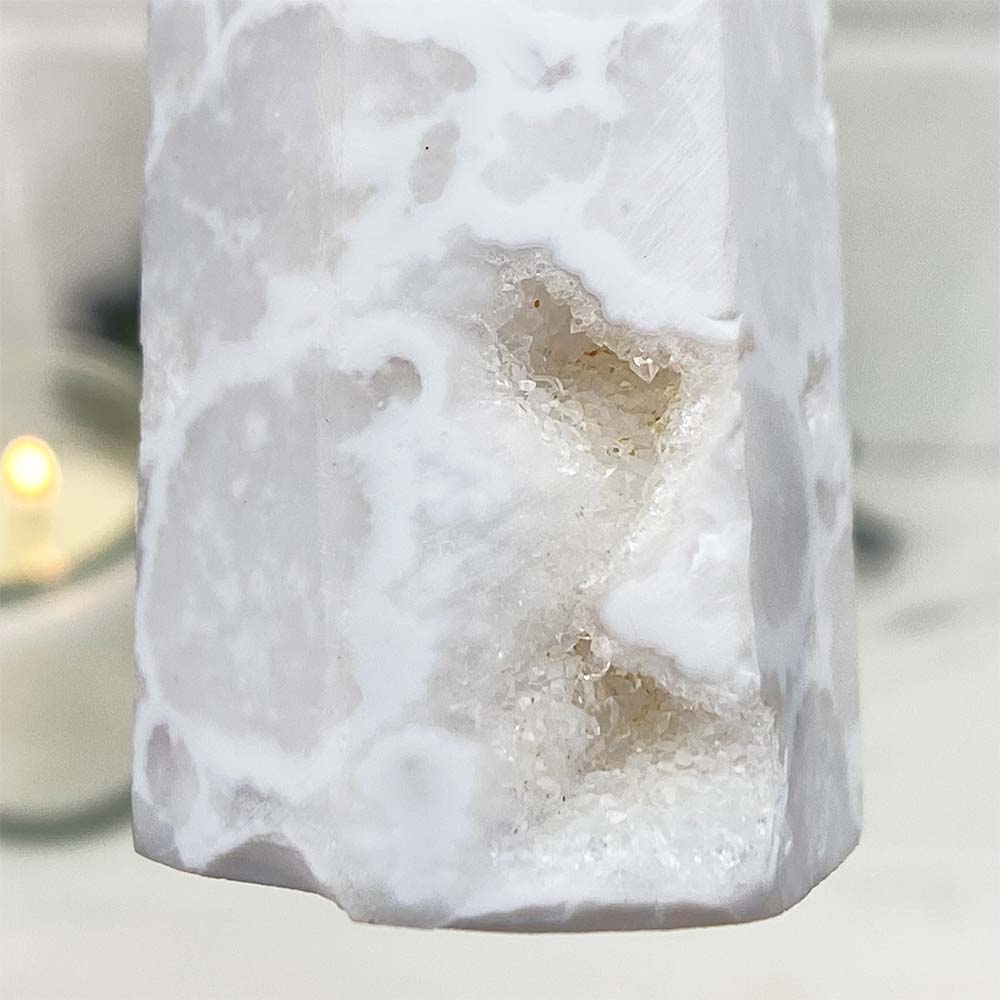 Polished White Druzy Agate Tower