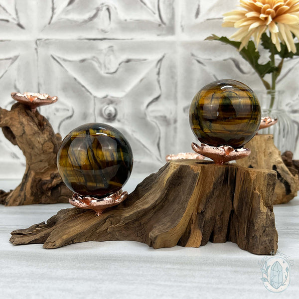 Double Rose Gold Flower Blossom Sphere Holder Driftwood Stand