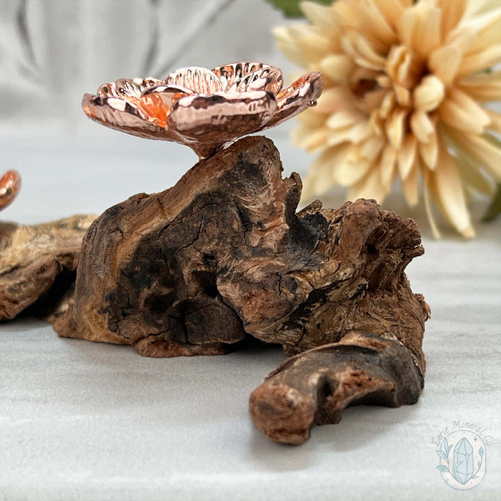 Double Rose Gold Flower Blossom Sphere Holder Driftwood Stand