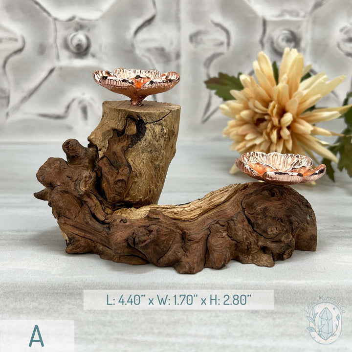 Double Rose Gold Flower Blossom Sphere Holder Driftwood Stand