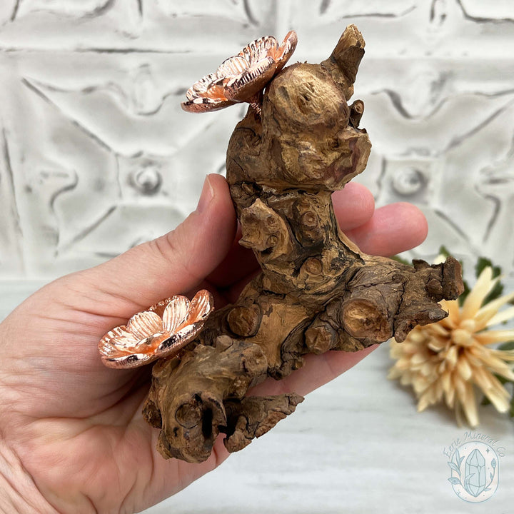 Double Rose Gold Flower Blossom Sphere Holder Driftwood Stand