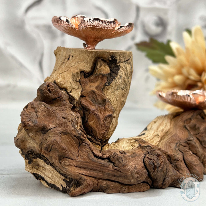 Double Rose Gold Flower Blossom Sphere Holder Driftwood Stand