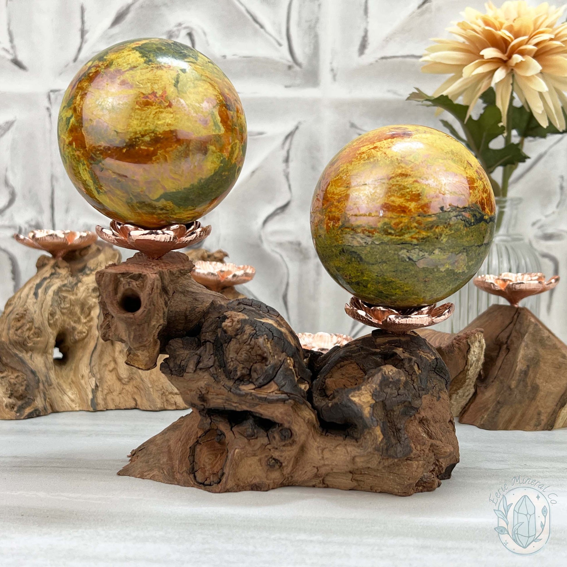 Double Rose Gold Flower Blossom Sphere Holder Driftwood Stands