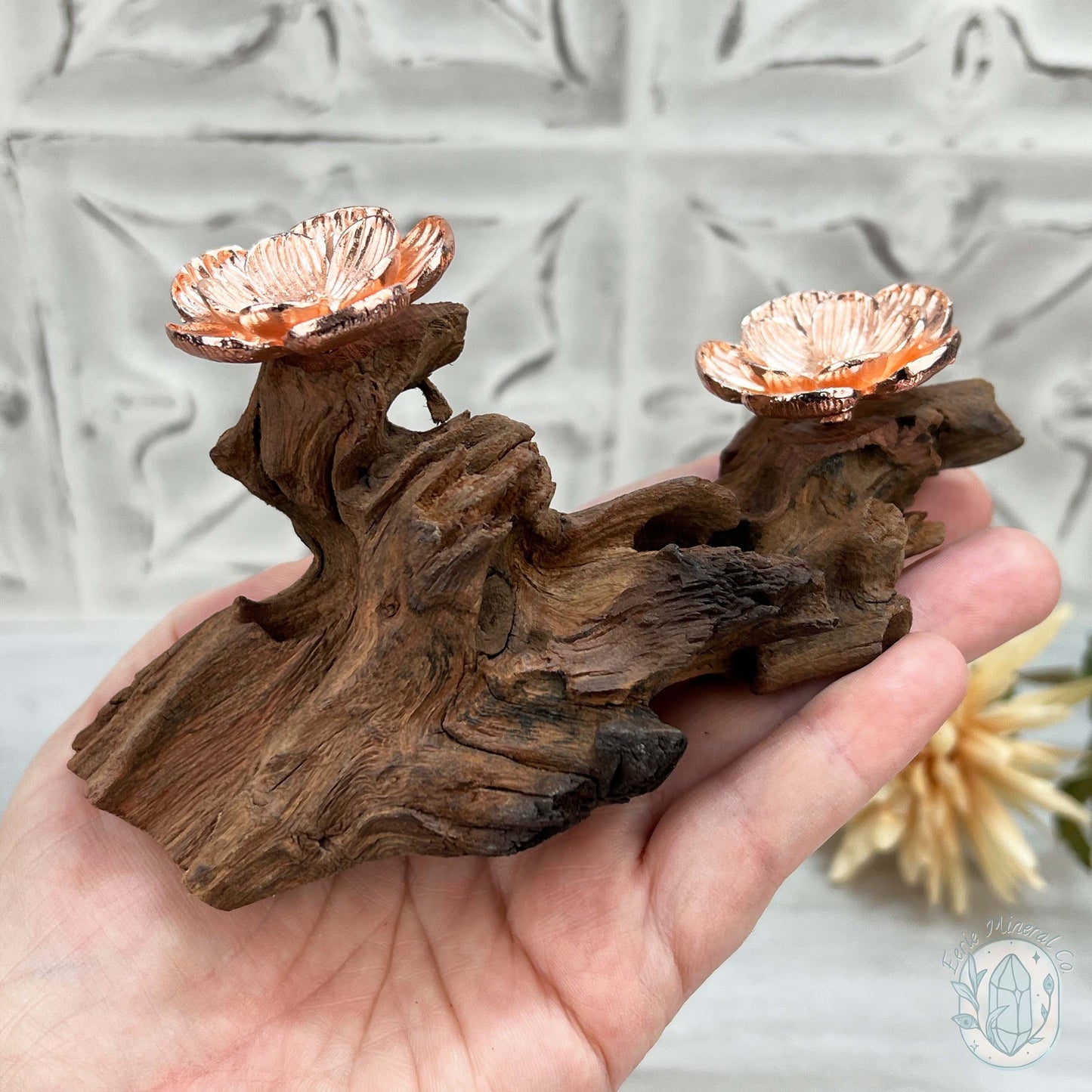 Double Rose Gold Flower Blossom Sphere Holder Driftwood Stands