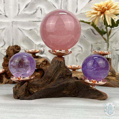 3 Rose Gold Flower Blossom Sphere Holder Driftwood Stands
