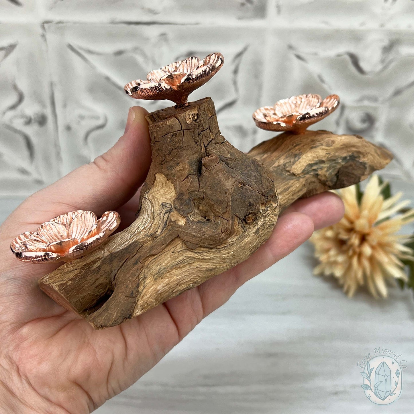 3 Rose Gold Flower Blossom Sphere Holder Driftwood Stands