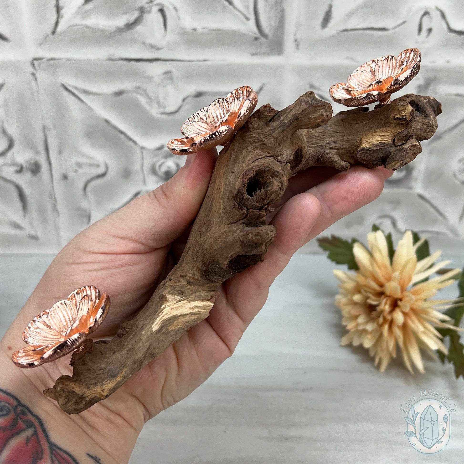 3 Rose Gold Flower Blossom Sphere Holder Driftwood Stands