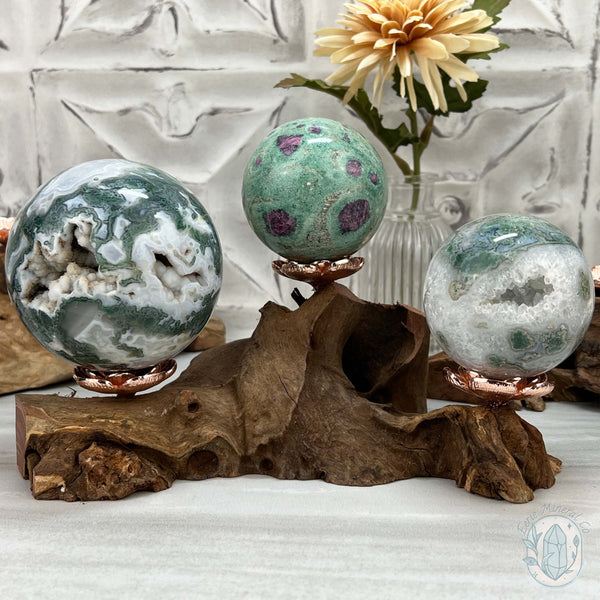 3 Rose Gold Flower Blossom Sphere Holder Driftwood Stands