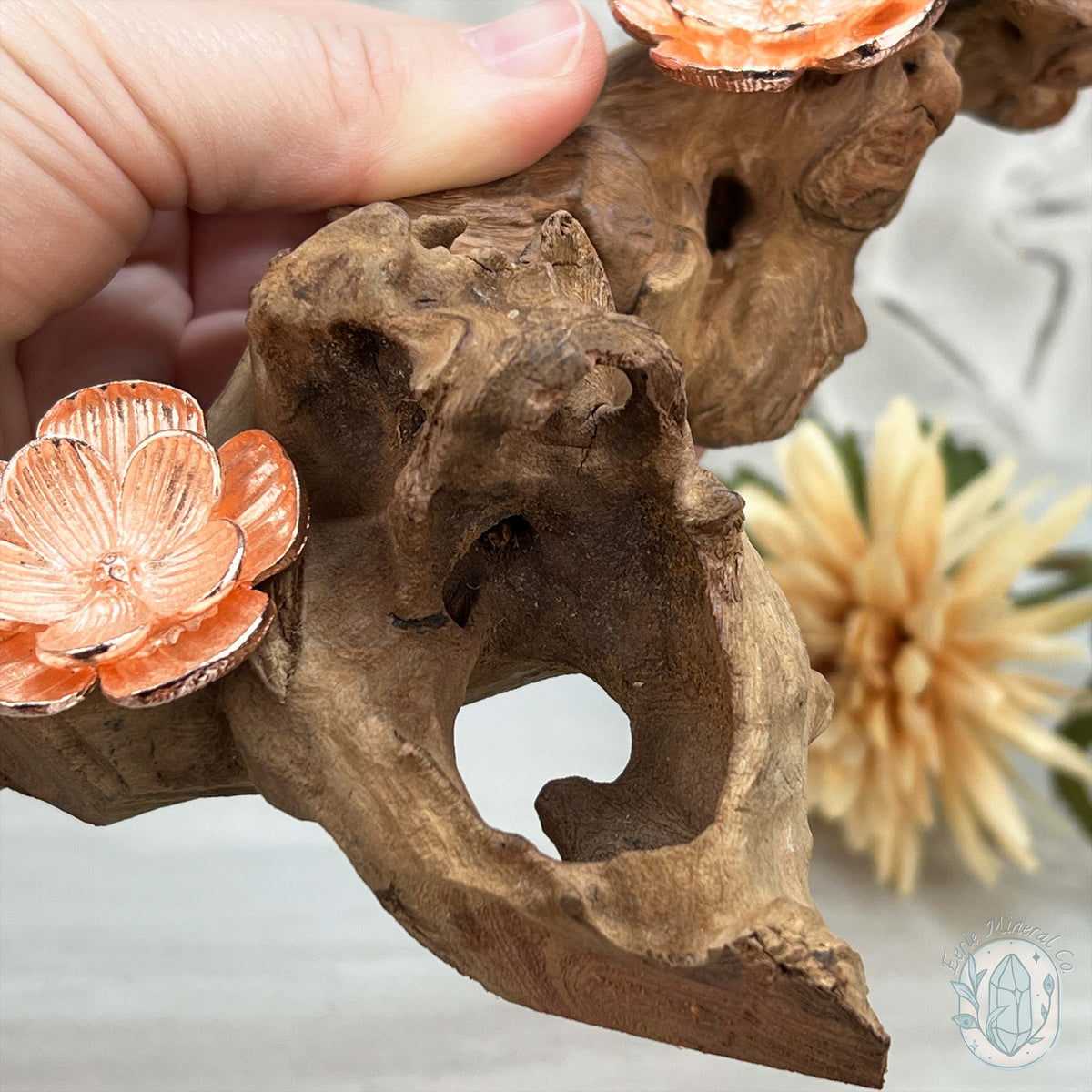 3 Rose Gold Flower Blossom Sphere Holder Driftwood Stands