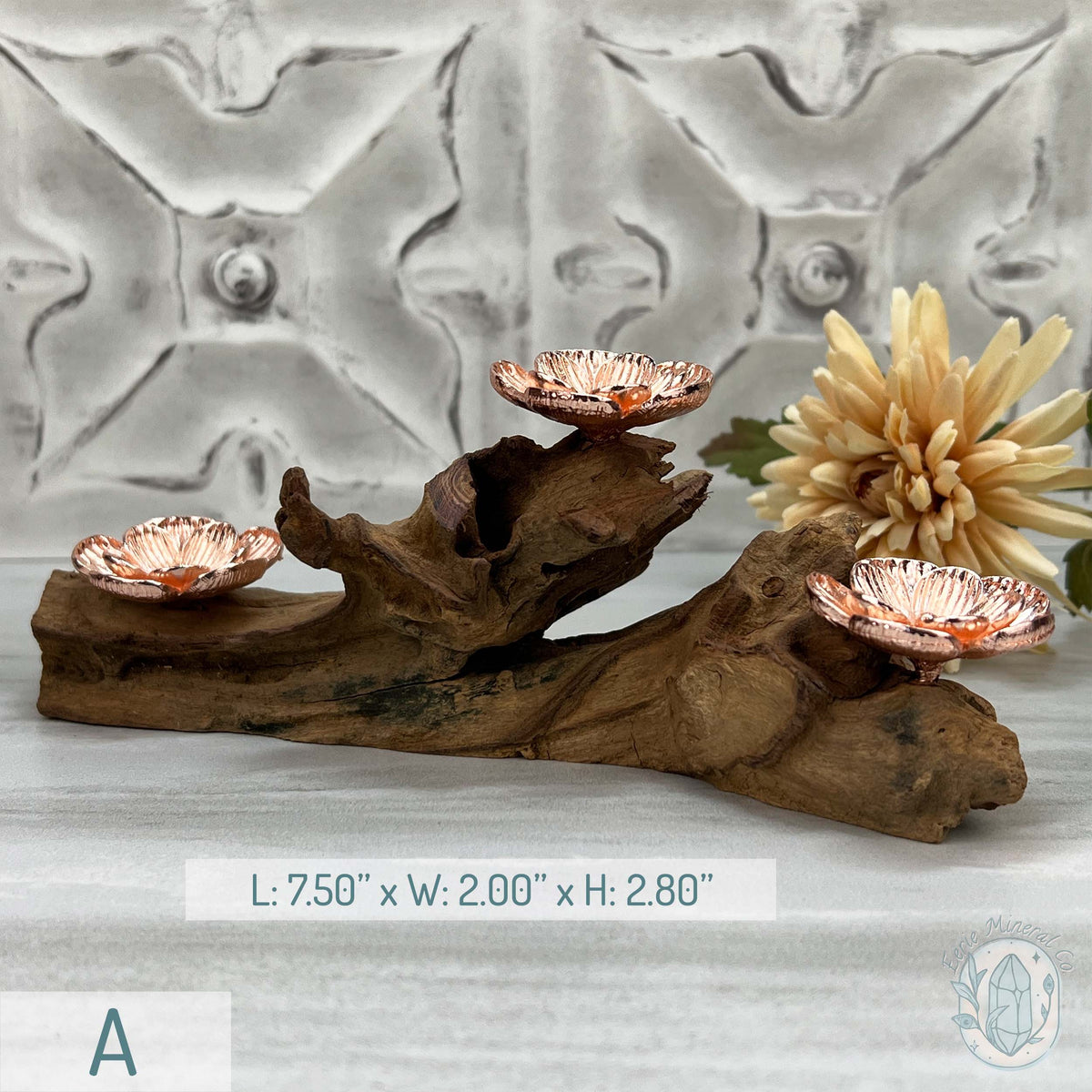 3 Rose Gold Flower Blossom Sphere Holder Driftwood Stands