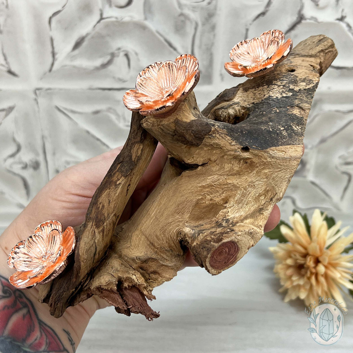 3 Rose Gold Flower Blossom Sphere Holder Driftwood Stands