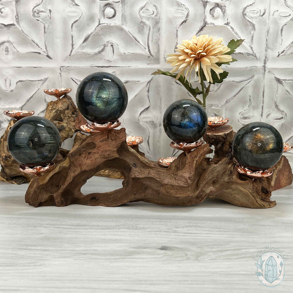 4 Rose Gold Flower Blossom Sphere Holder Driftwood Stand