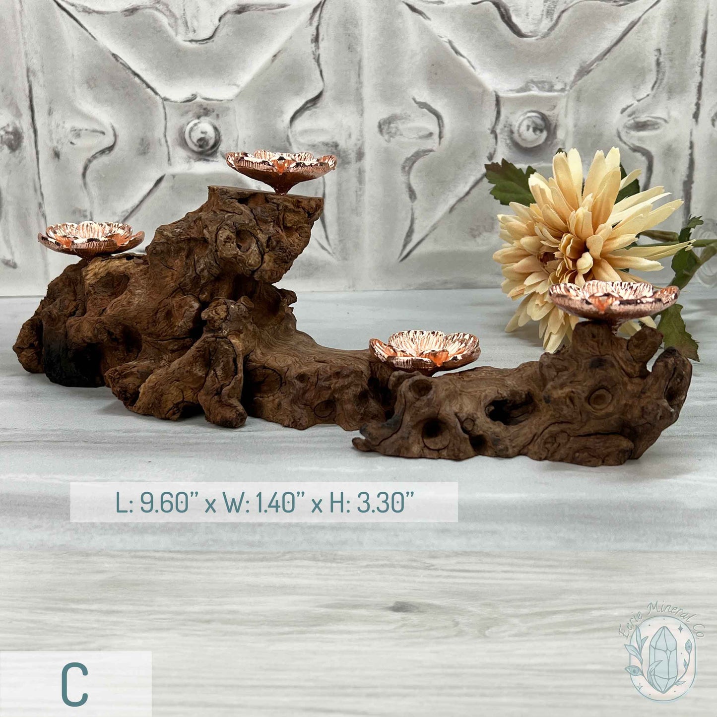 4 Rose Gold Flower Blossom Sphere Holder Driftwood Stand