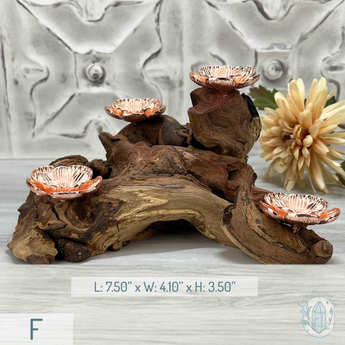 4 Rose Gold Flower Blossom Sphere Holder Driftwood Stand