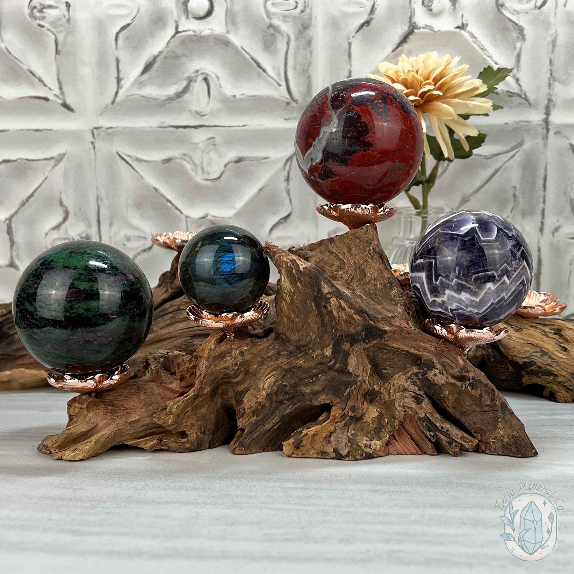 4 Rose Gold Flower Blossom Sphere Holder Driftwood Stand