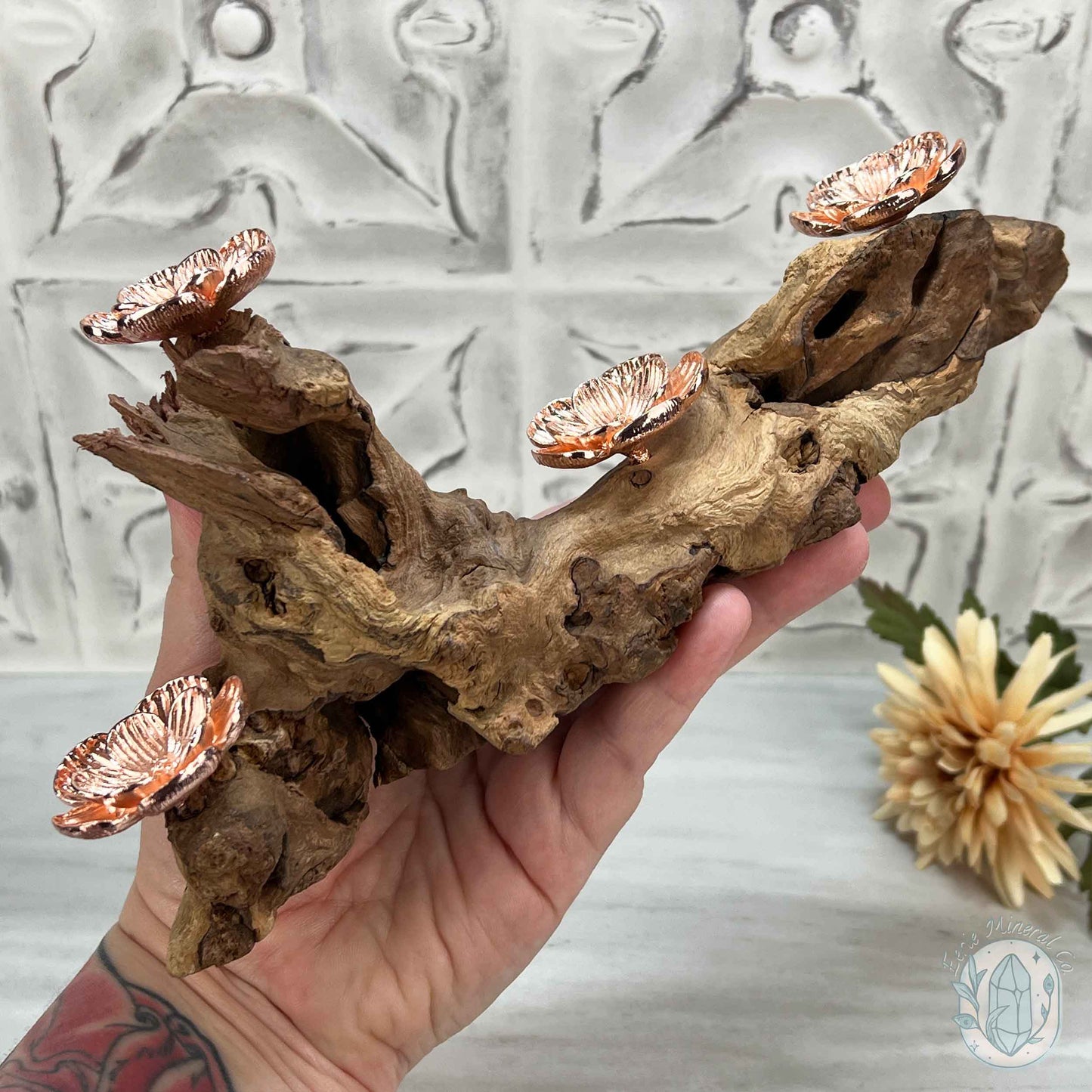 4 Rose Gold Flower Blossom Sphere Holder Driftwood Stand