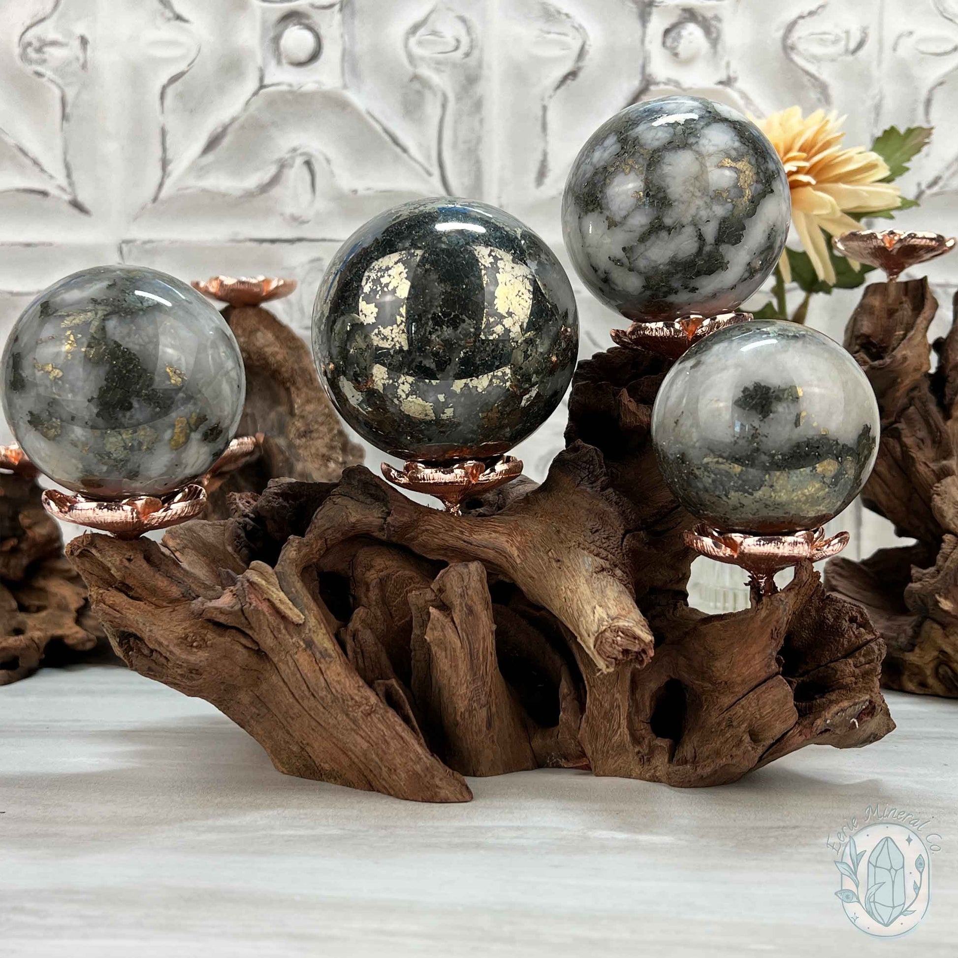 4 Rose Gold Flower Blossom Sphere Holder Driftwood Stand