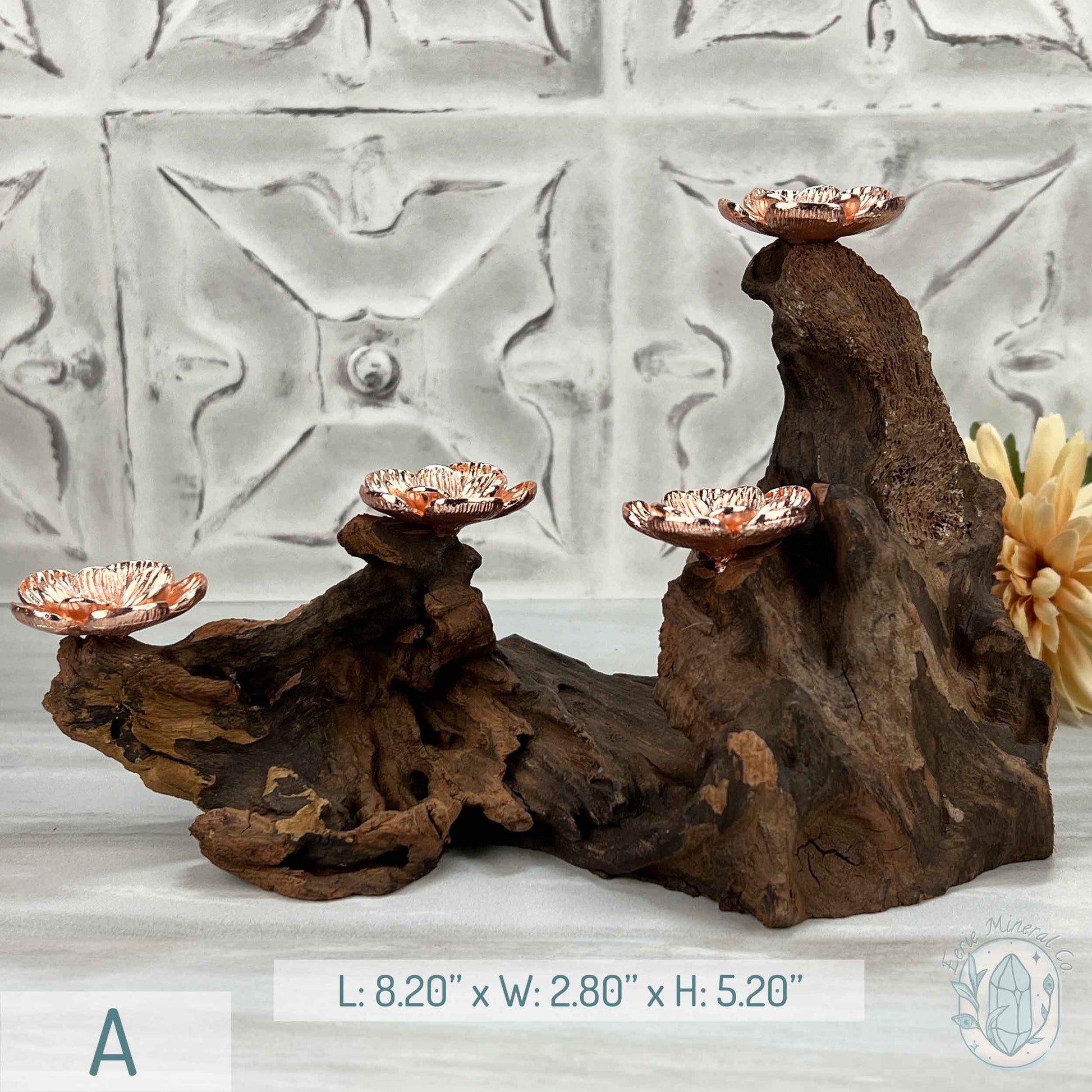 4 Rose Gold Flower Blossom Sphere Holder Driftwood Stand