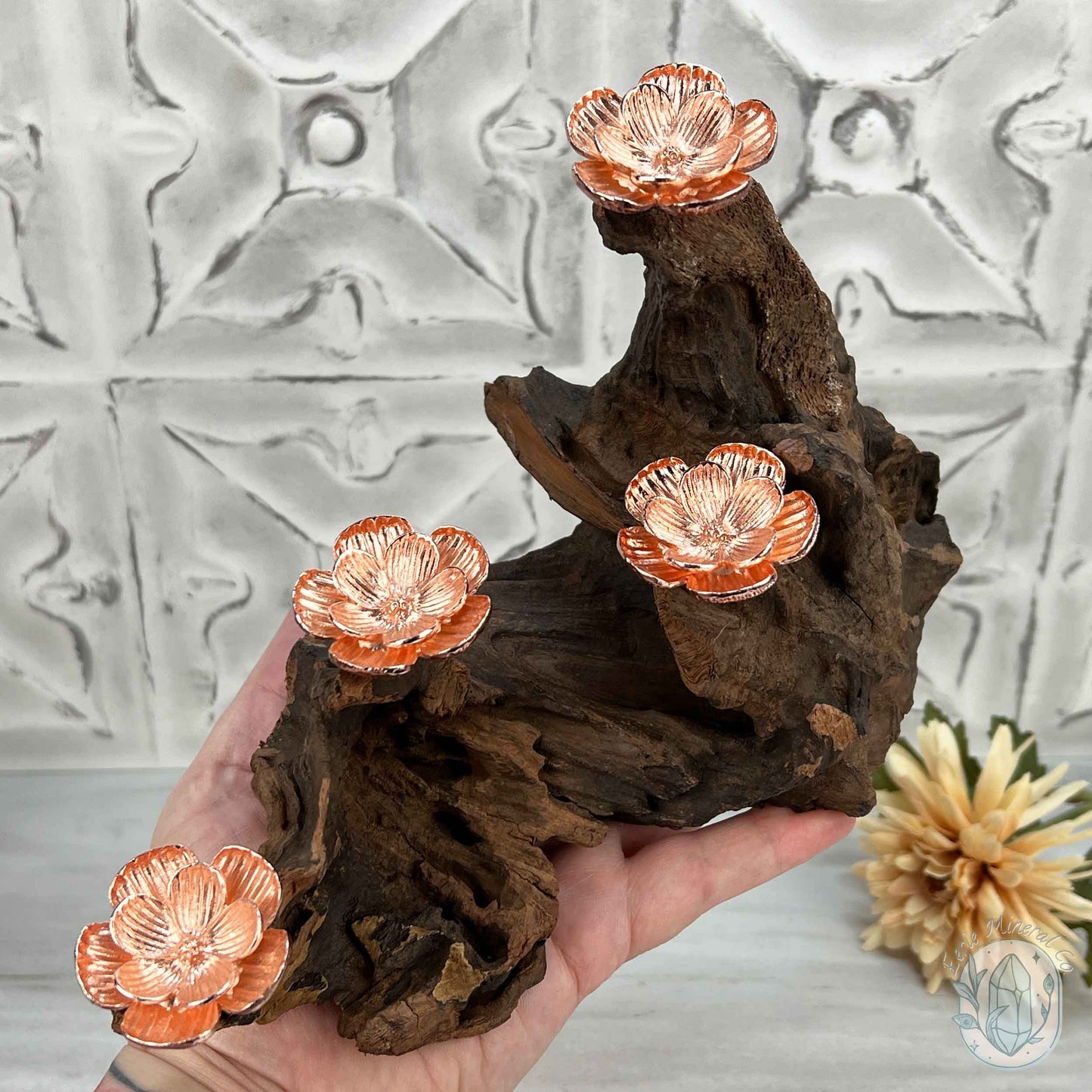 4 Rose Gold Flower Blossom Sphere Holder Driftwood Stand