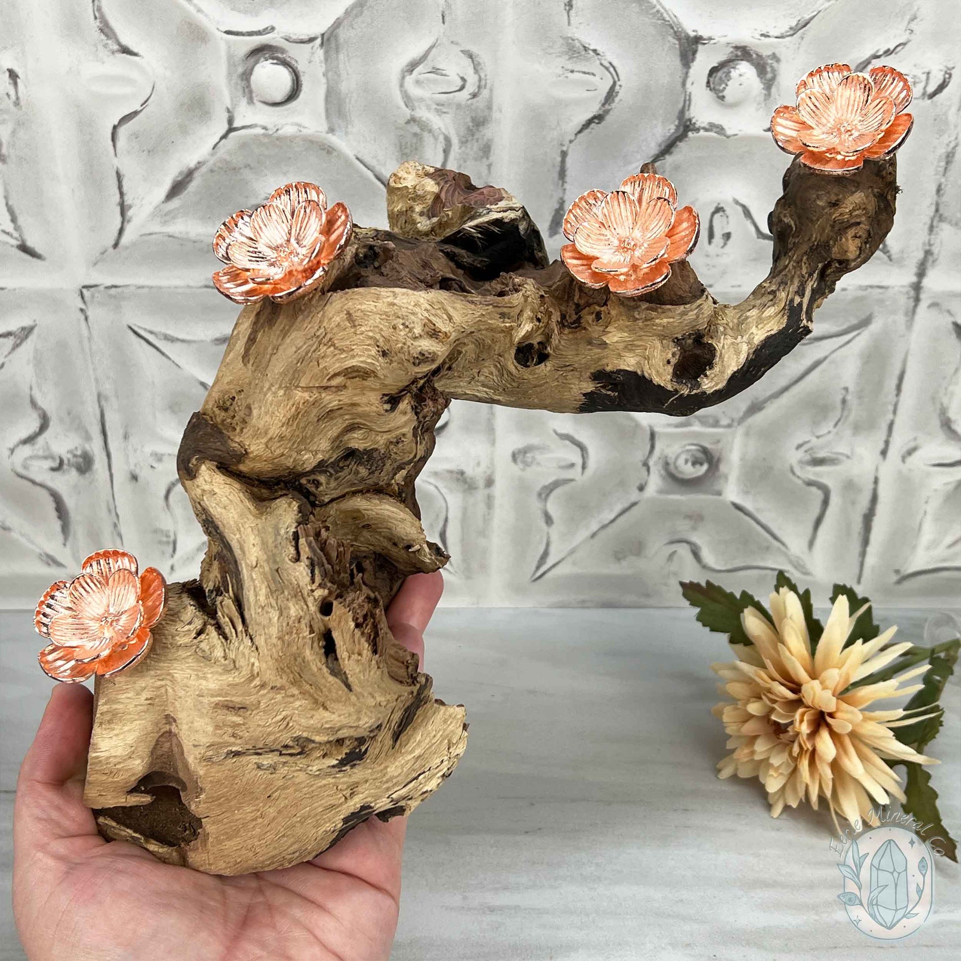4 Rose Gold Flower Blossom Sphere Holder Driftwood Stand