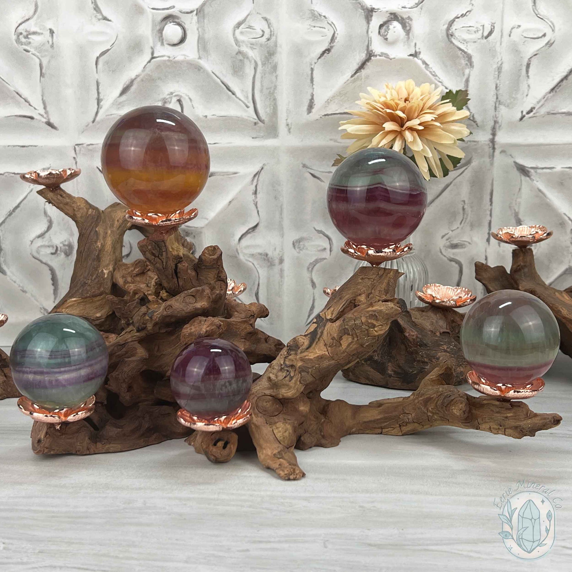 5 Rose Gold Flower Blossom Sphere Holder Driftwood Stands