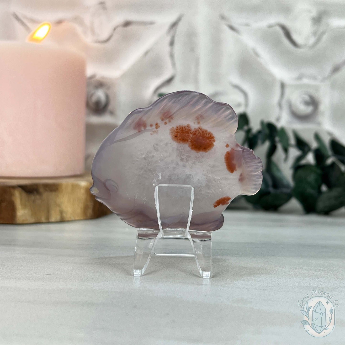 Hand Carved Druzy Agate Fish Carving with Display Stand