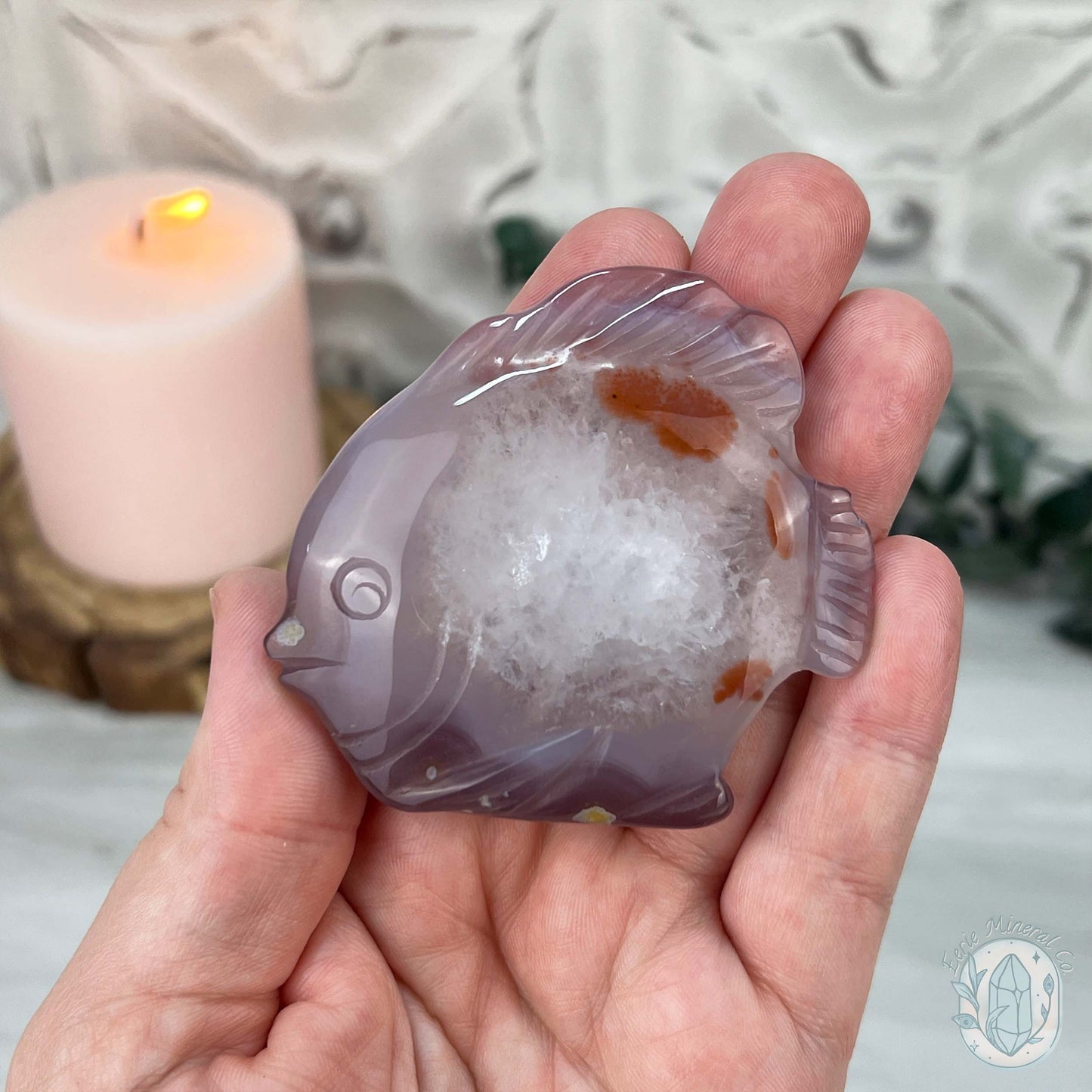 Hand Carved Druzy Agate Fish Carving with Display Stand