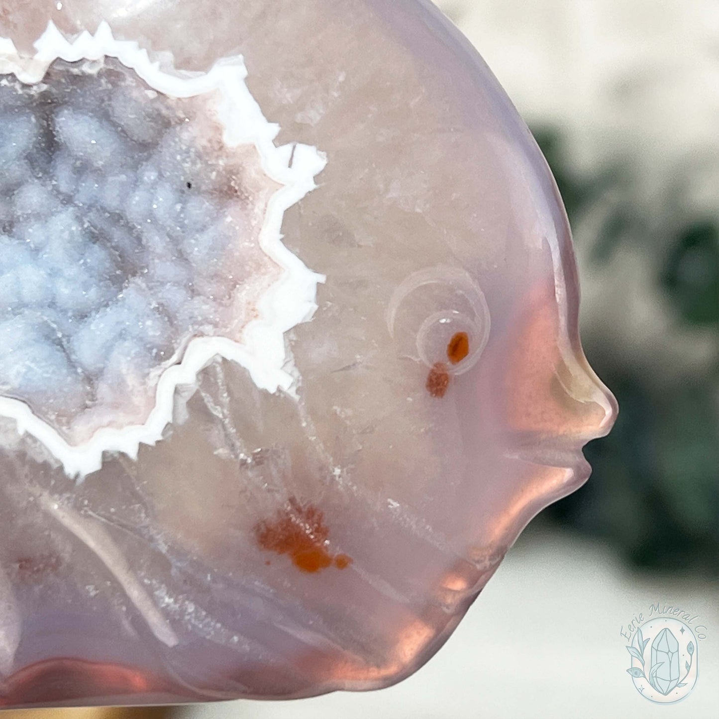 Hand Carved Druzy Agate Fish Carving with Display Stand